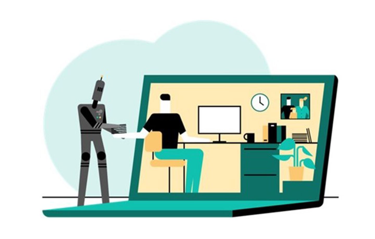 Bildet er en illustrasjon av en mann som sitter ved pc-en og jobber. Like ved står en robot og gir han en stabel med dokumenter.