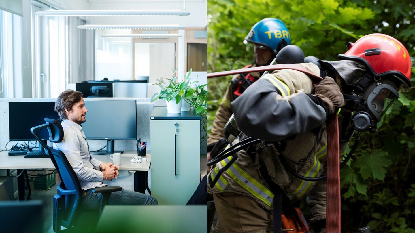 Bildet viser en mann som jobber på kontor og en brannkonstabel.